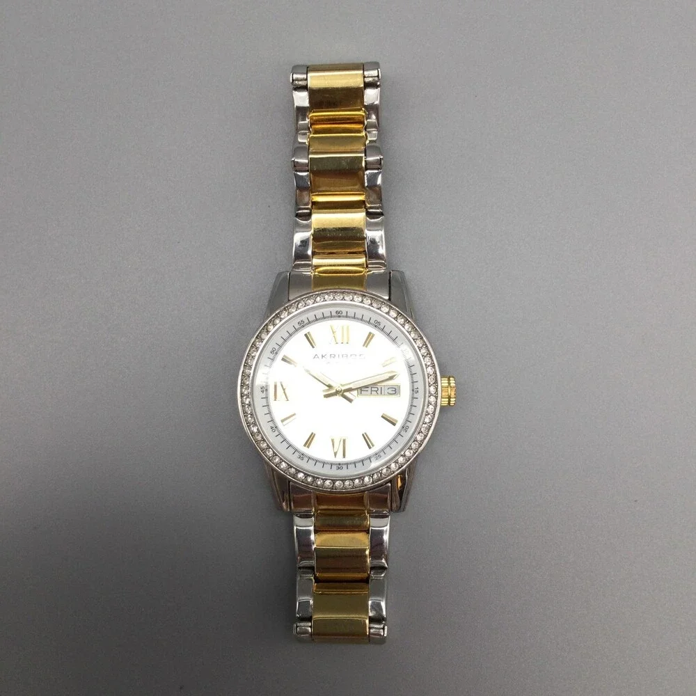 Akribos XXIV Womens Watch 36mm Two Tone Crystal Bezel Day Date New Battery 6